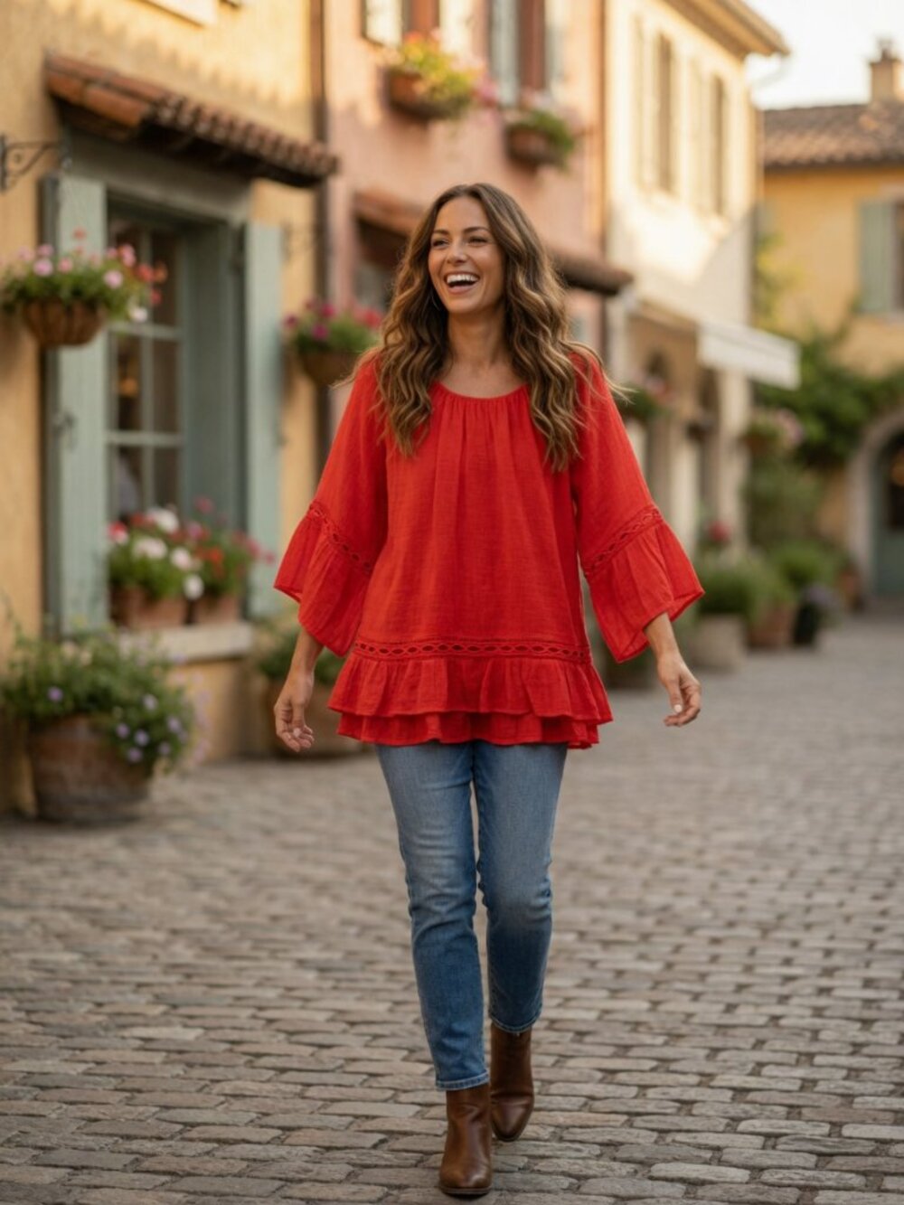 Red Ruffle Sleeve Peasant Top | Boho Boutique Blouse | Flowy Casual Spring Summe